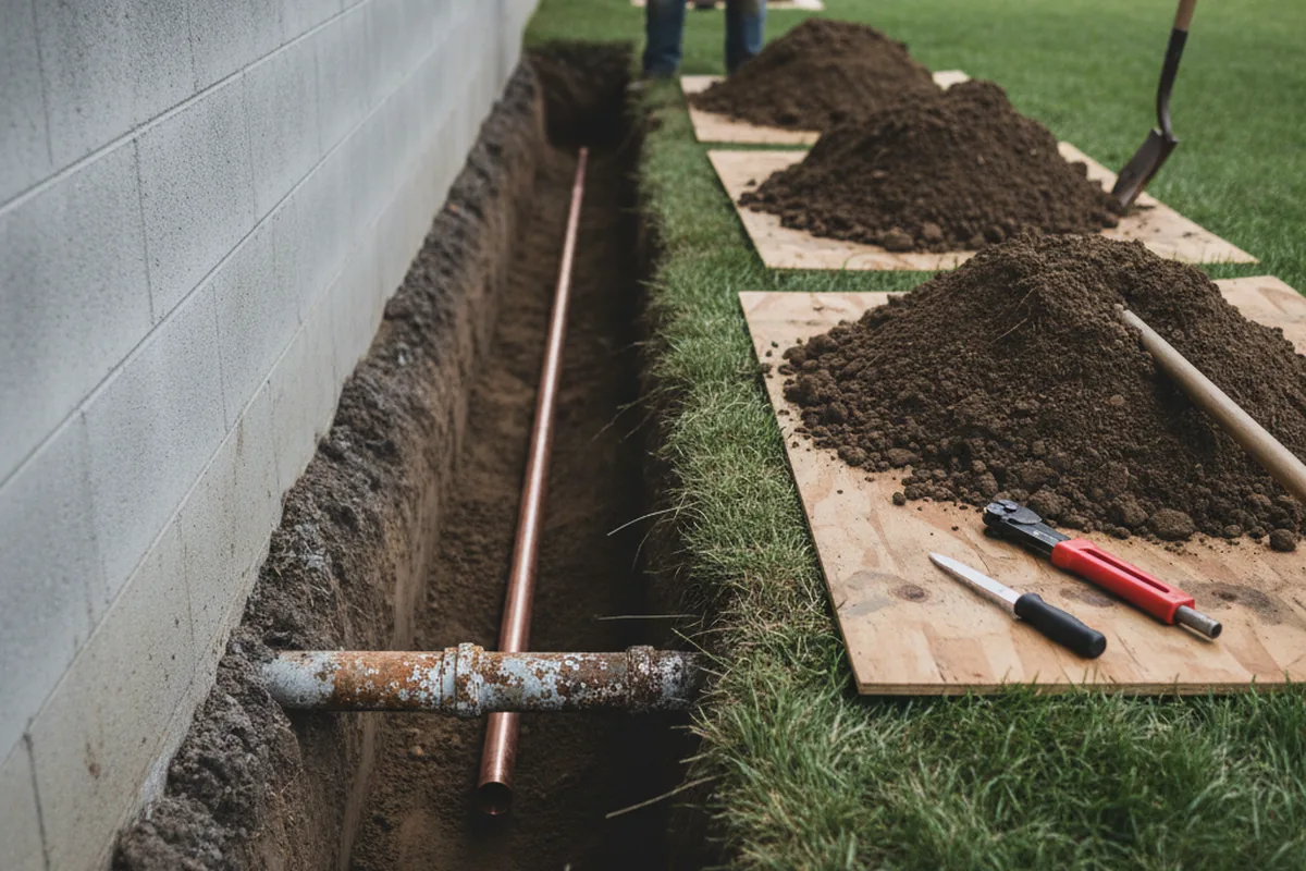 Excavated water line trench during Sewer Line Repair in Sadler